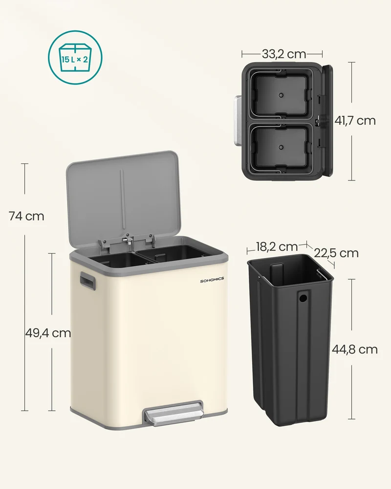 Poubelle de cuisine double pour recyclage 41,7 x 33,2 x 49,4 cm en acier beige sable 12_0011784