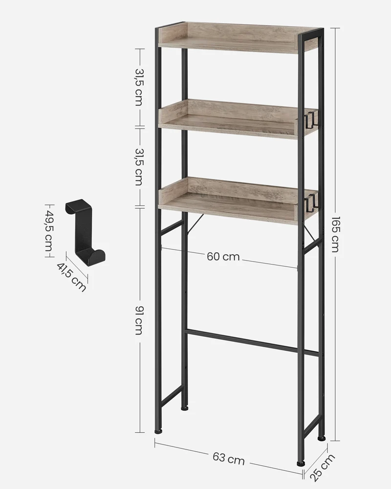 Étagère WC moderne 63 x 25 x 165 cm avec dispositif anti-basculement ambiance épurée en panneau d'aggloméré gris 12_0011188