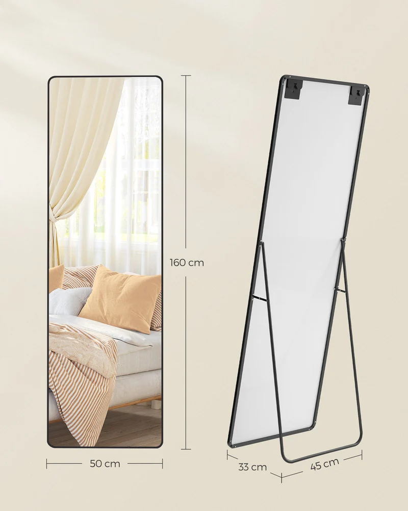 Miroir rectangulaire sur pied 160 x 50 cm design moderne pour chambre dressing salon en verre trempé noir 12_0011127