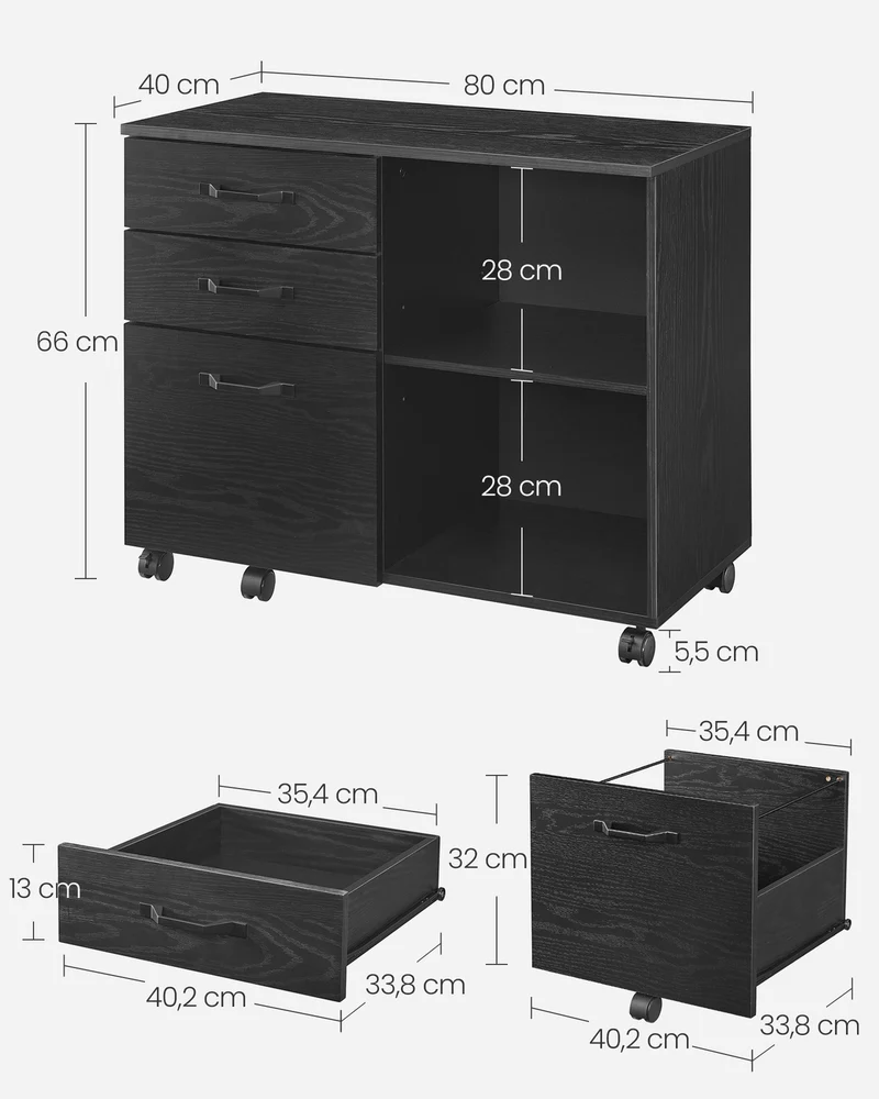 Caisson de rangement bureau 40 x 80 x 66 cm avec 3 tiroirs et compartiments ouverts style industriel en panneau d'aggloméré noir 12_0009136