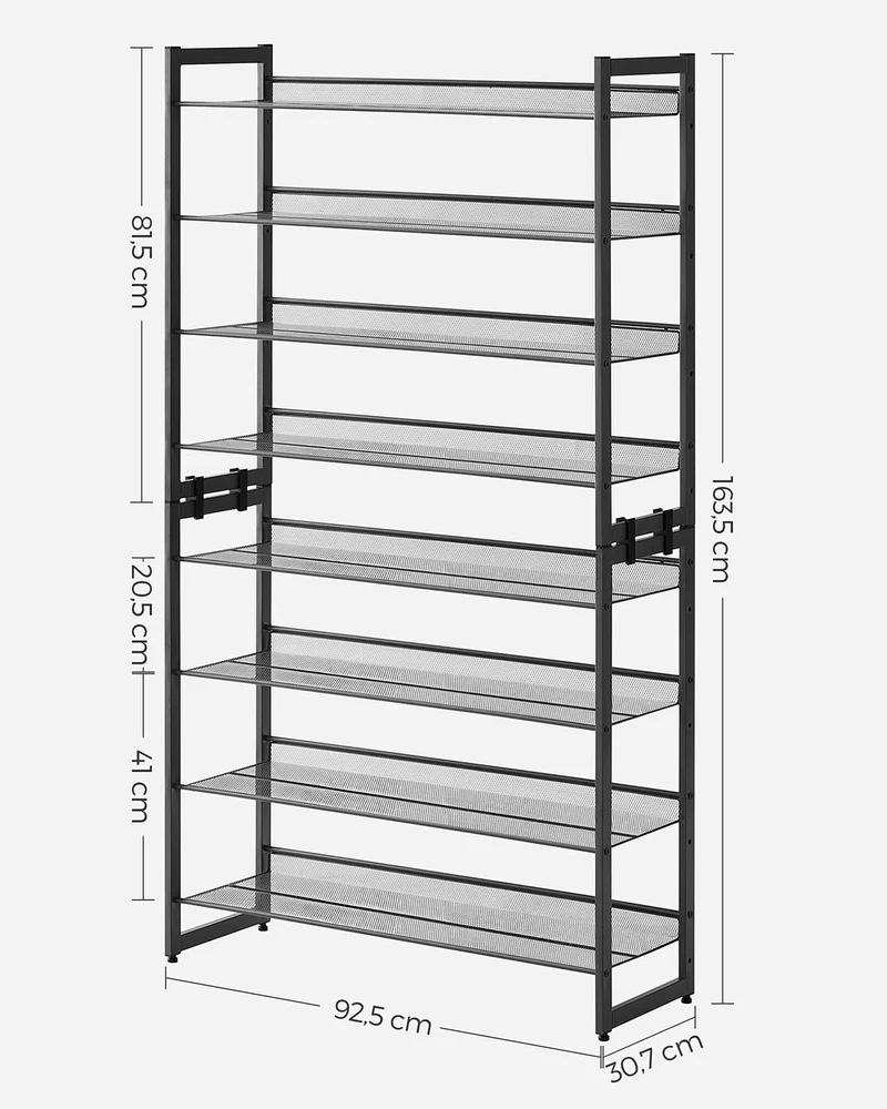 Lot de 2 étagères à chaussures empilables 92,5 x 30,7 x 163,5 cm rangement robuste design moderne en fer noir 12_0008726