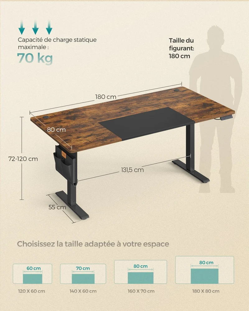 Bureau électrique réglable en hauteur 180 x 80 cm fonction mémoire 4 hauteurs ergonomique style vintage en panneau de particules marron 12_0012816