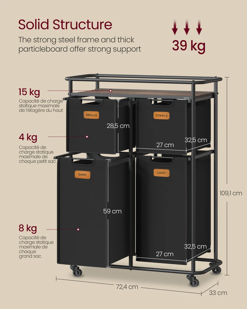 Panier à linge mobile avec roulettes trieur ergonomique 72,4 x 33 x 109,1 cm pratique style moderne en acier noir 12_0012753