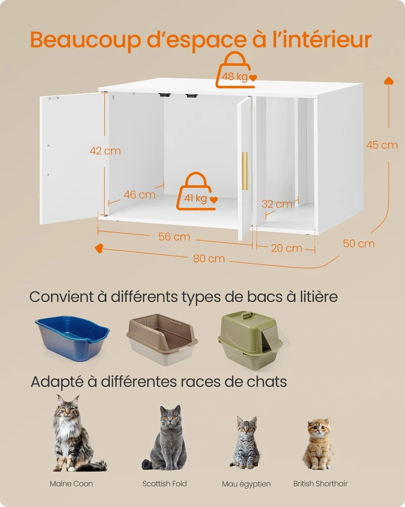 Meuble litière pour chat entrée frontale 80 x 50 x 45 cm fonction table d'appoint moderne en MDF blanc mat 12_0012694