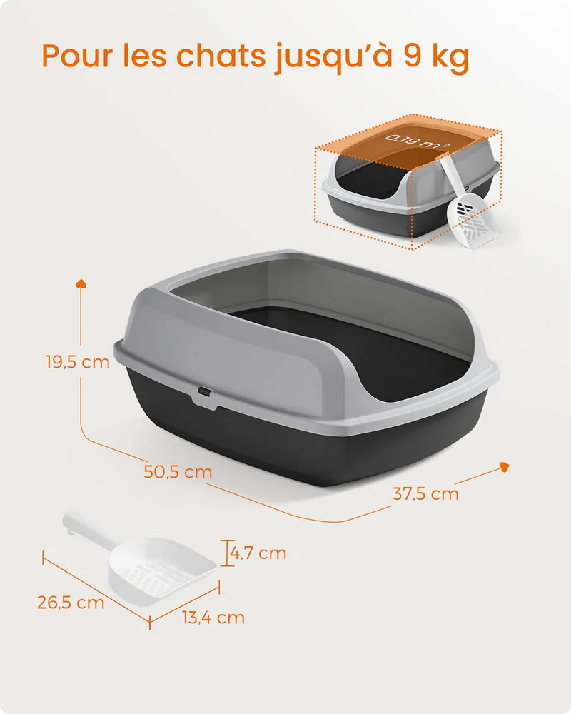 Bac à litière ouvert parois hautes pour chats 50,5 x 37,5 x 19,5 cm facile à nettoyer design moderne en PP gris 12_0012553