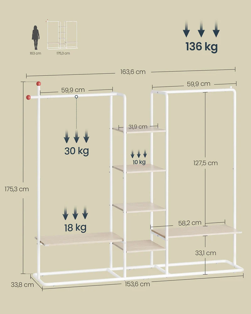 Portant à vêtements armoire ouverte avec 6 étagères de rangement 33,8 x 163,6 x 175,3 cm en acier beige naturel 12_0012489