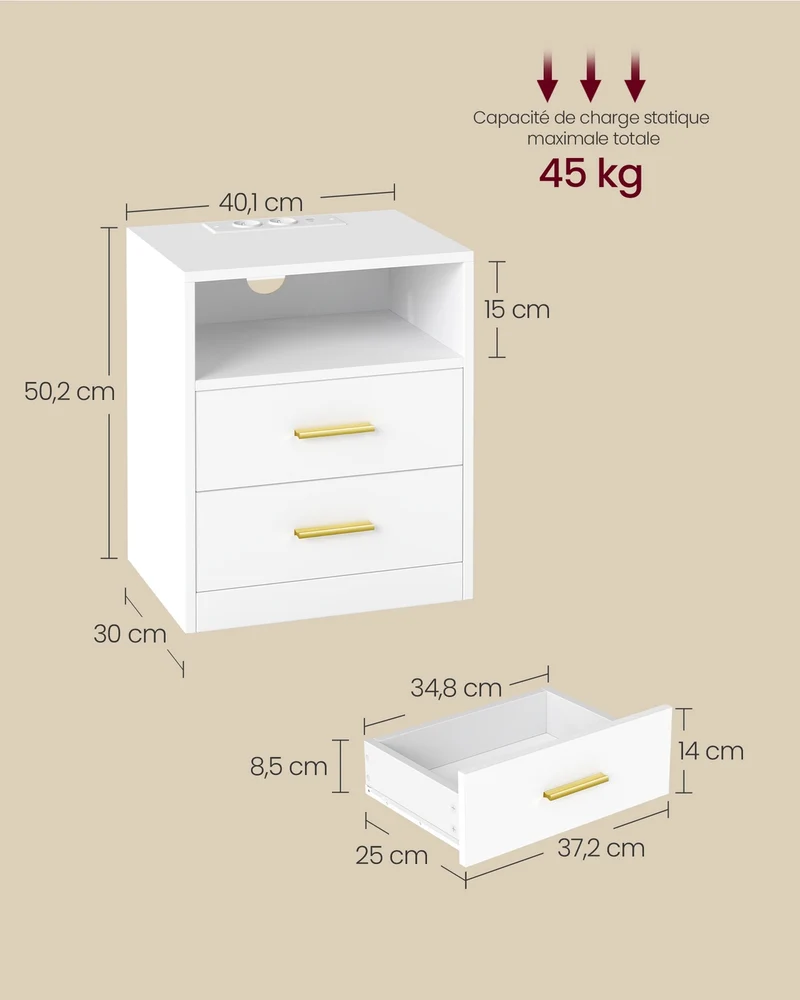 Lot de 2 tables de chevet avec tiroirs compartiment ouvert 30 x 40,1 x 50,2 cm style moderne chambre en MDF blanc 12_0012379