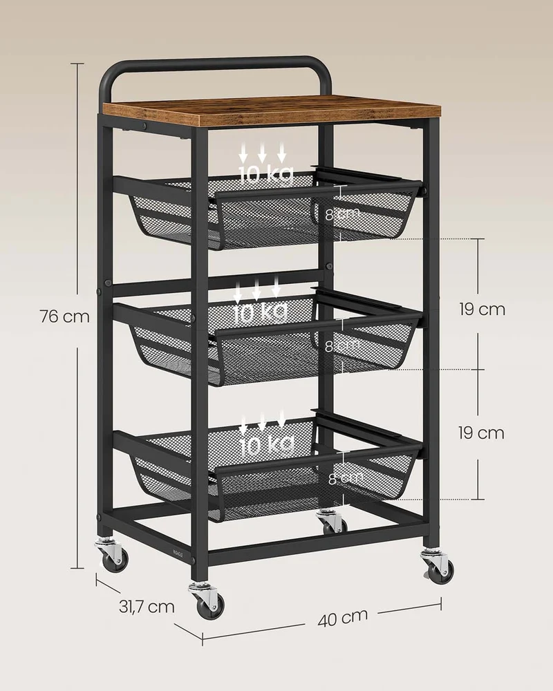 Chariot de cuisine sur roulettes avec 4 paniers pratiques 31,7 x 40 x 76 cm style vintage en aggloméré marron 12_0012283
