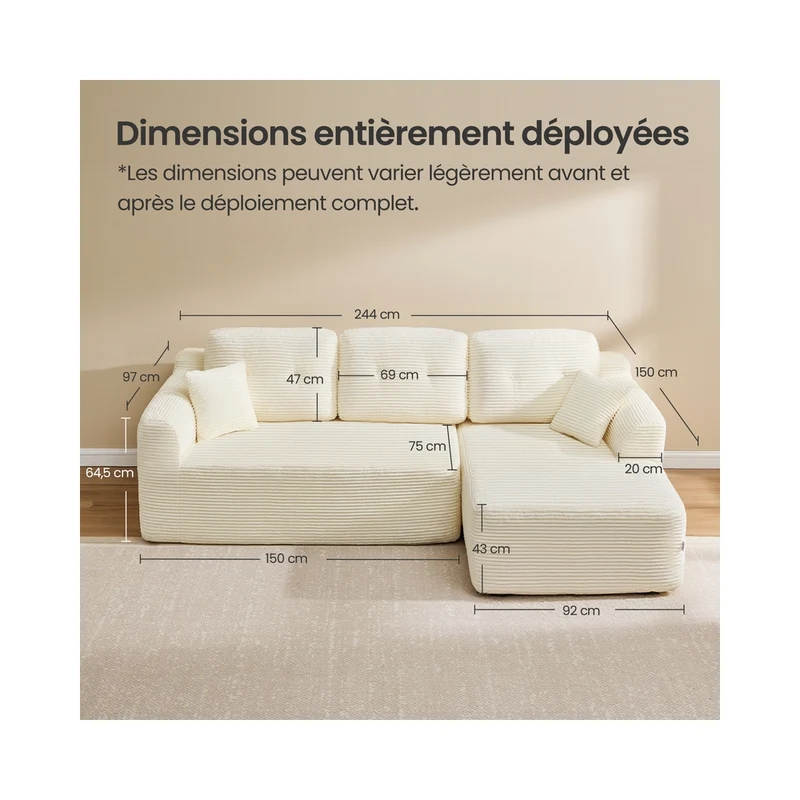 Canapé d'angle modulable 150 x 244 x 73 cm avec grande méridienne confort optimal style contemporain en velours crème 12_0012106