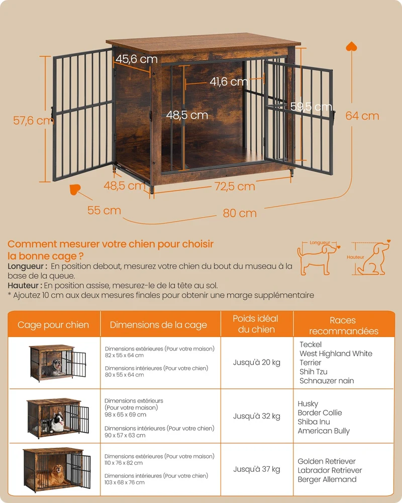 Meuble cage pour chien jusqu'à 32 kg 82 x 55 x 64 cm solide double porte style rustique en panneau d'aggloméré marron 12_0011315