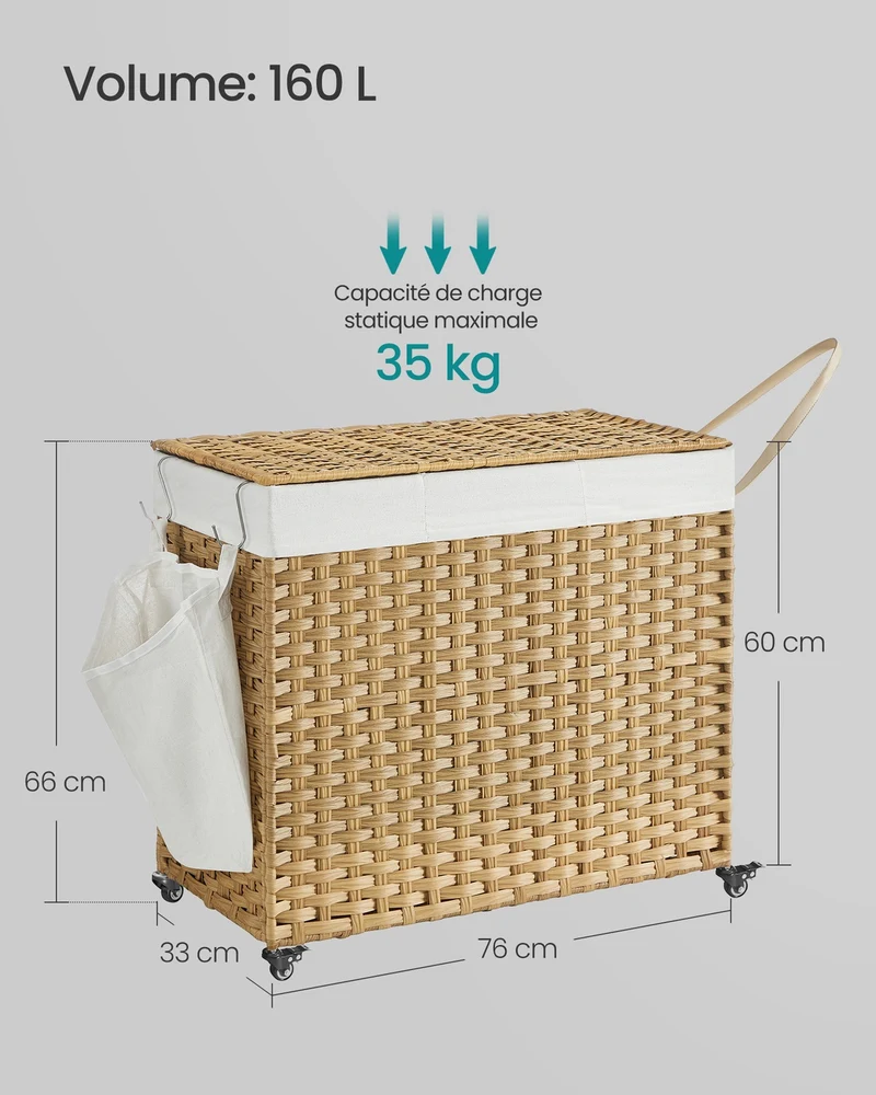 Panier à linge tissé main 76 x 33 x 66 cm avec couvercle 3 compartiments moderne salle de bain en plastique gris 12_0010810