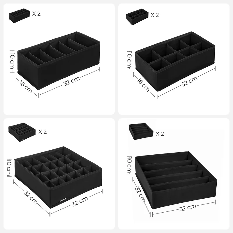 Lot de 4 organisateurs de tiroir pliables pour vêtements lingerie 32 x 32 x 10 cm en tissu noir 12_0008762