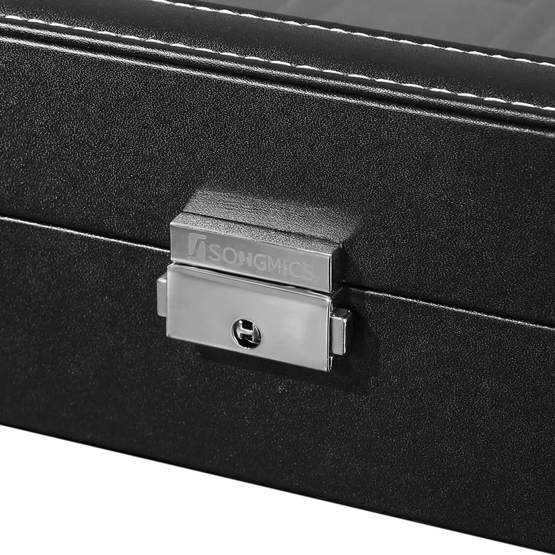 Boîte à montres avec 12 compartiments coffre verrouillable 28 x 20 x 8 cm pour rangement élégant en cuir synthétique noir 12_0008400
