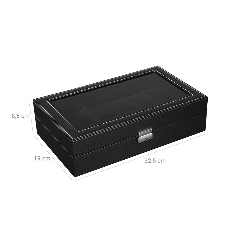 Boîte à montres avec 12 compartiments coffre verrouillable 28 x 20 x 8 cm pour rangement élégant en cuir synthétique noir 12_0008400
