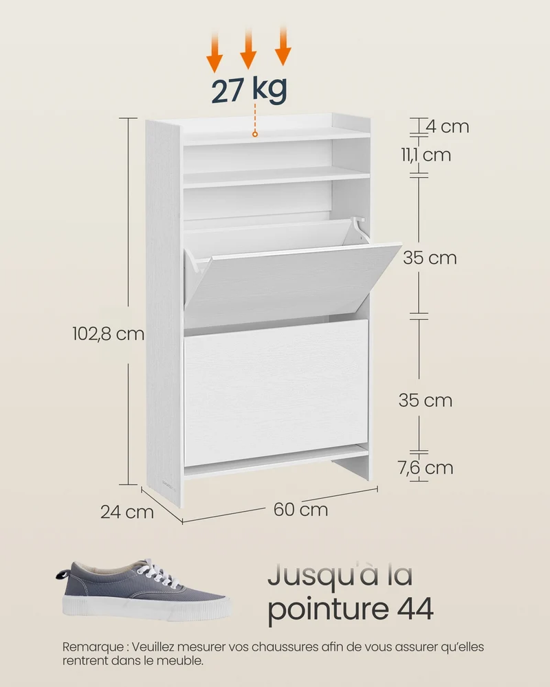 Meuble à chaussures étroit 24 x 60 x 102,8 cm avec séparateurs réglables style moderne en aggloméré blanc neige 12_0013080