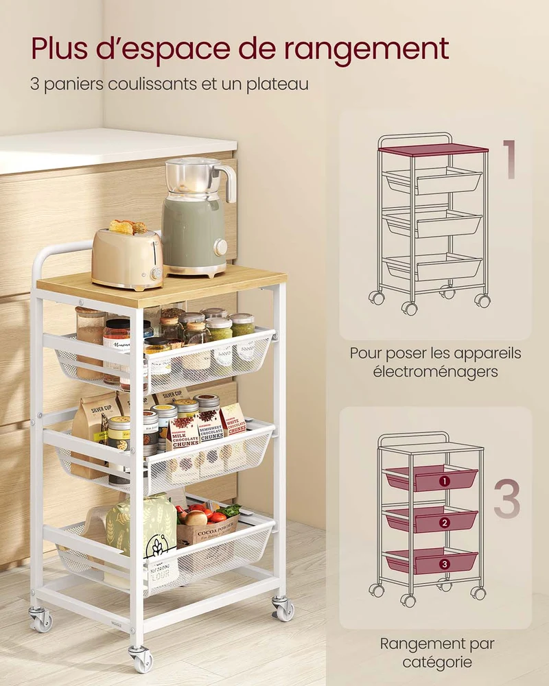 Chariot de cuisine sur roulettes pratique avec paniers amovibles 31,7 x 40 x 76 cm en aggloméré doré chêne 12_0012923
