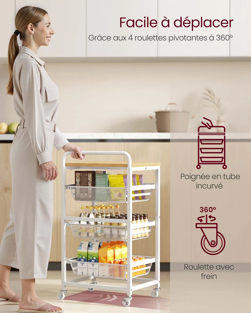 Chariot de cuisine sur roulettes pratique avec paniers amovibles 31,7 x 40 x 76 cm en aggloméré doré chêne 12_0012923