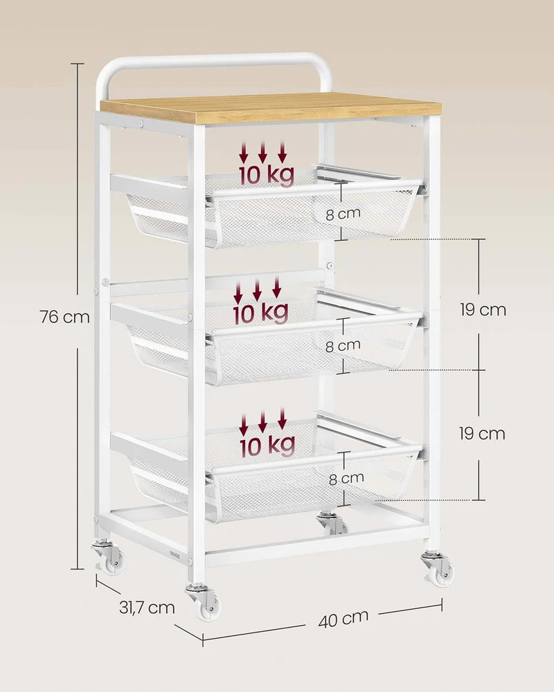 Chariot de cuisine sur roulettes pratique avec paniers amovibles 31,7 x 40 x 76 cm en aggloméré doré chêne 12_0012923