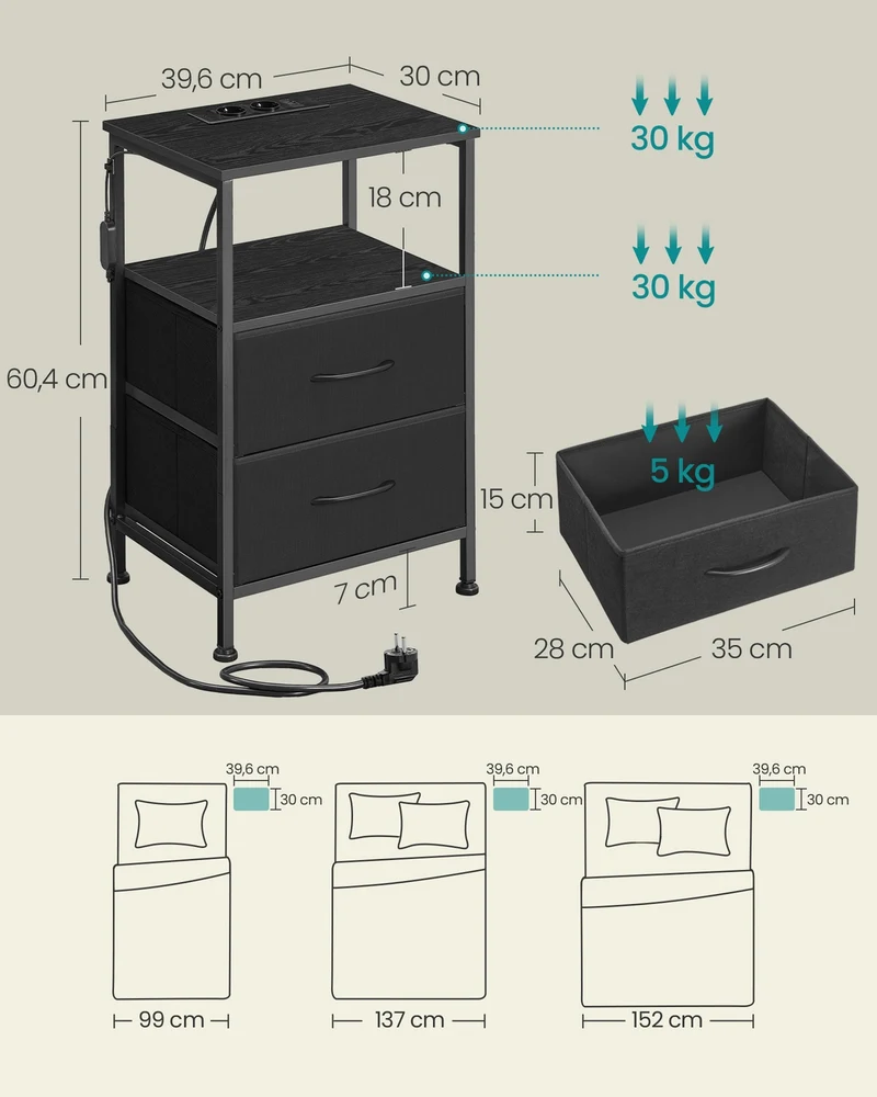Table de chevet moderne avec éclairage LED réglable 39,6 x 30 x 60,4 cm en MDF noir d'encre 12_0012894