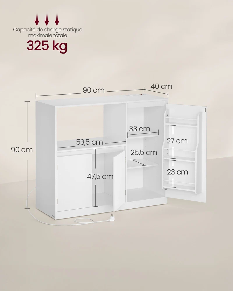 Buffet de cuisine avec étagère pour micro-onde 40 x 90 x 90 cm rangement moderne 3 portes en panneau d’aggloméré blanc 12_0012771