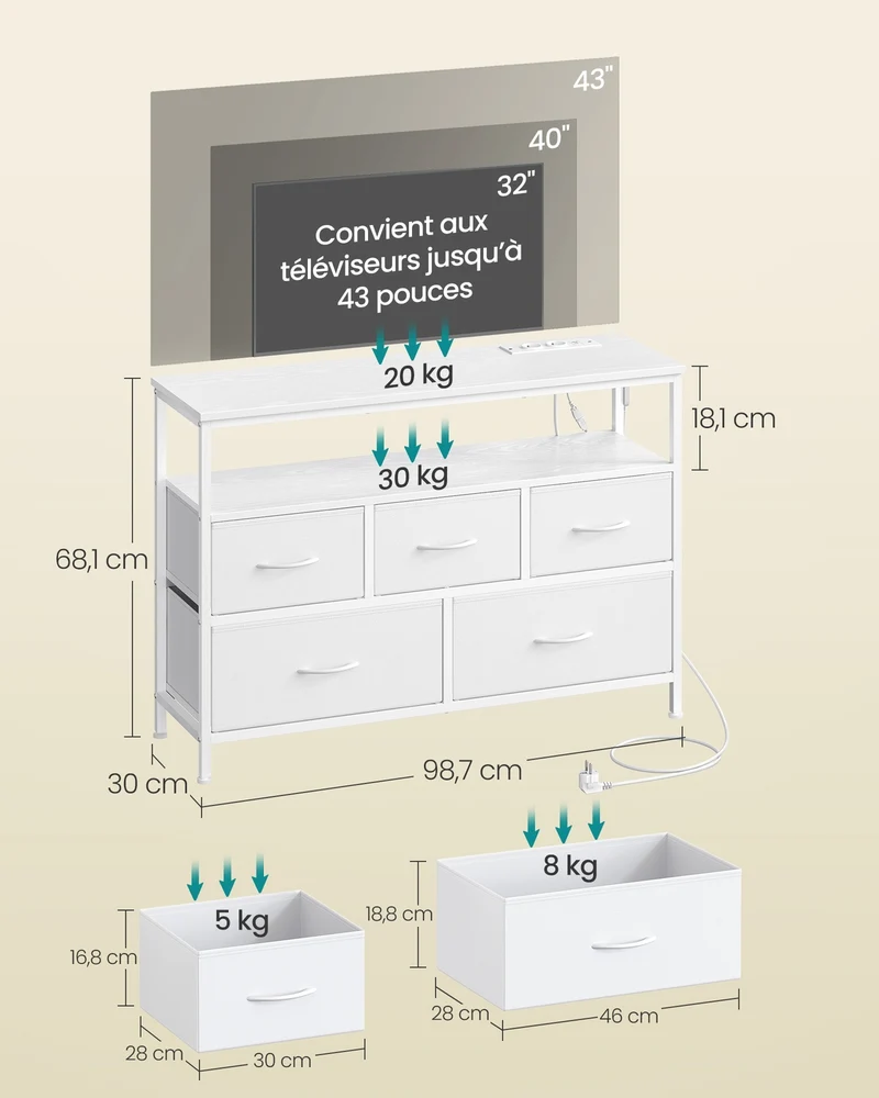 Commode de rangement moderne avec 7 tiroirs et étagère 30 x 98,7 x 68,1 cm style industriel en aggloméré blanc nuage 12_0012744