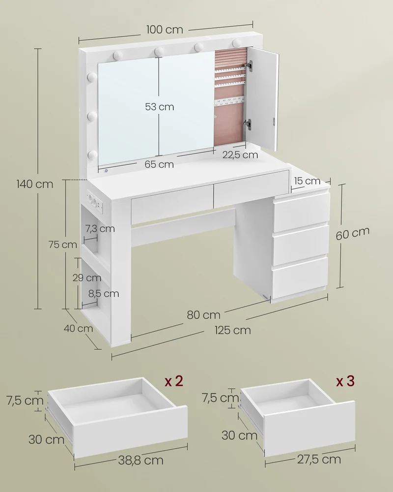Coiffeuse table de maquillage moderne avec éclairage LED miroir et tiroir 40 x 125 x 140 cm en aggloméré blanc 12_0012730