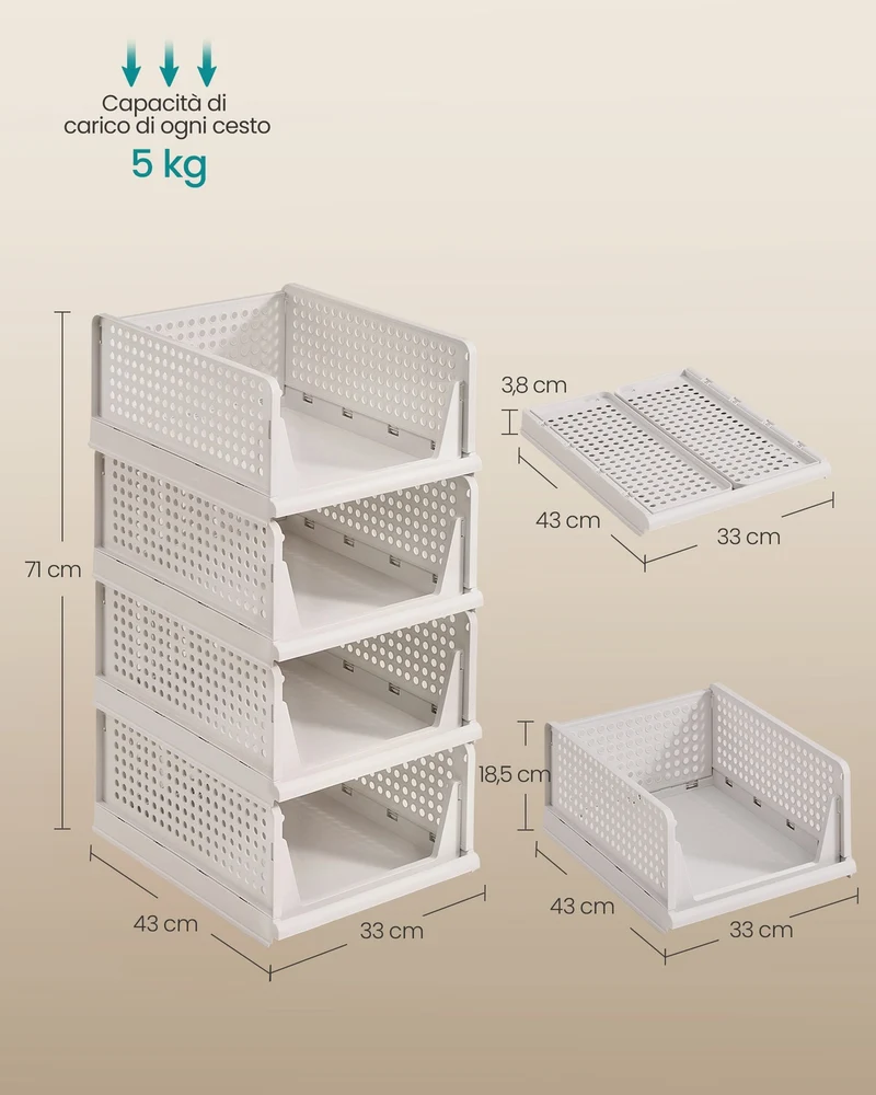 Lot de 4 organisateurs pliables empilables pour rangement 43 x 33 x 18,5 cm en plastique blanc 12_0012707
