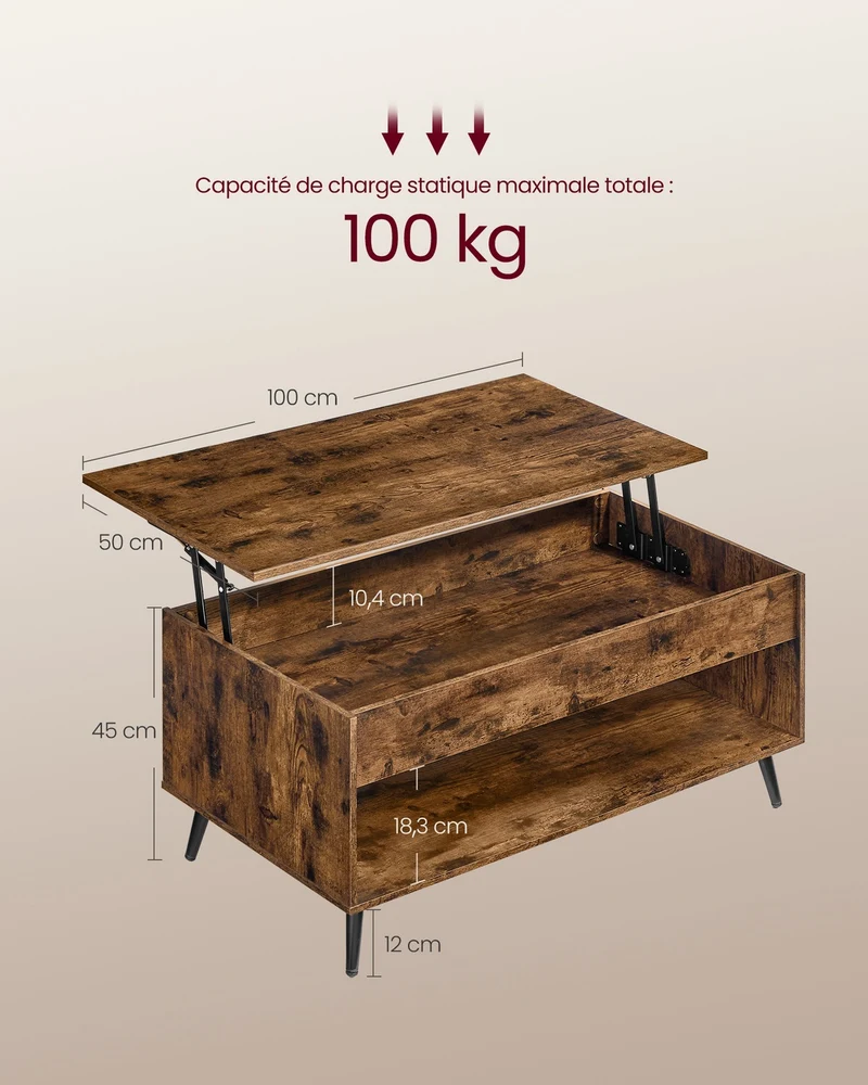 Table basse relevable avec compartiment de rangement 50 x 100 x 45/58,5 cm style rustique moderne en panneau aggloméré marron 12_0012371