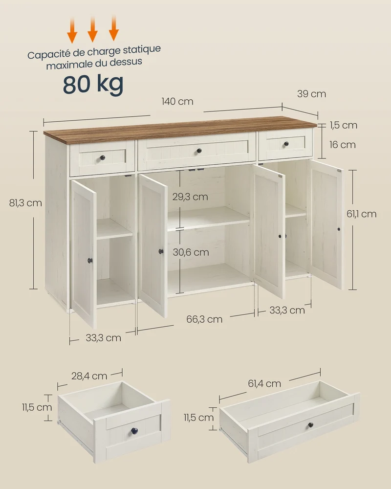 Buffet de rangement cuisine avec plan de travail 39 x 140 x 81,3 cm étagères réglables style rustique en aggloméré blanc 12_0012274