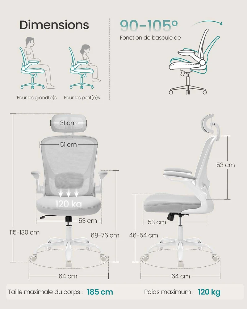 Chaise de bureau ergonomique ajustable hauteur 64 x 64 x 130 cm confort optimal assise large en plastique gris tourterelle 12_0011120