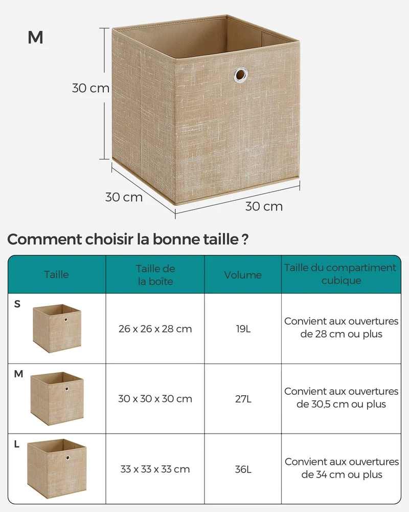 Lot de 6 boîtes de rangement pliables pour jouets vêtements 30 x 30 x 30 cm en tissu non-tissé beige sable 12_0010937