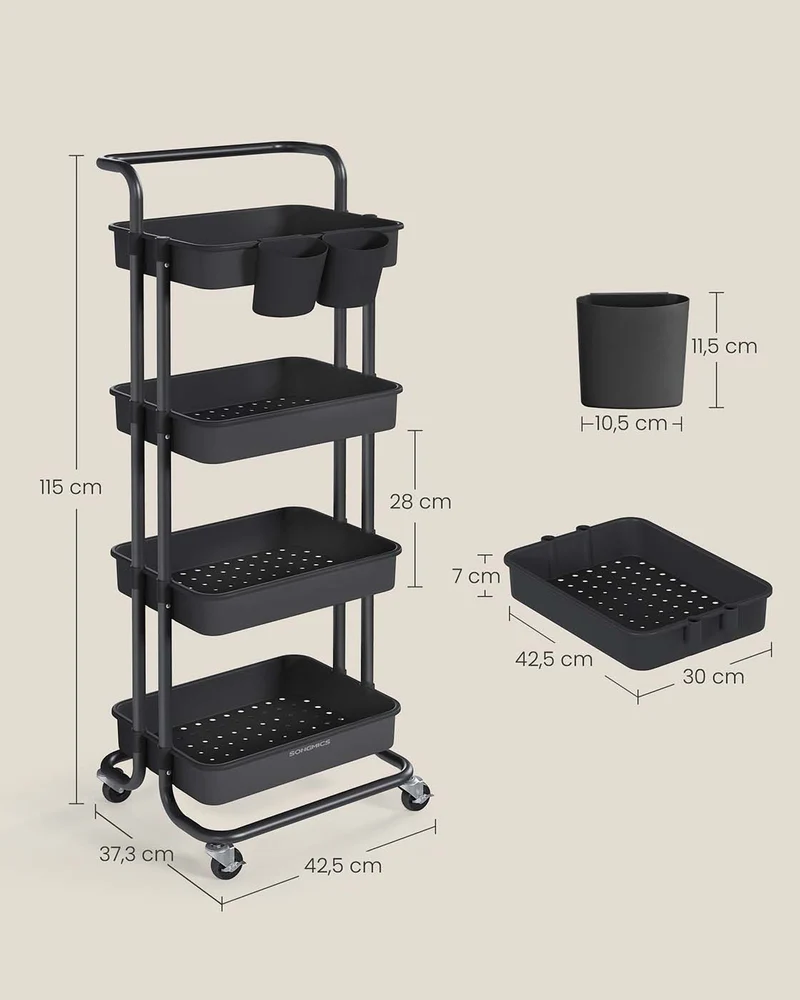 Chariot mobile à 3 niveaux desserte sur roulettes étagère de rangement avec poignée 2 pots 2 freins paniers en plastique montage facile pour chambre cuisine noir 12_0007855