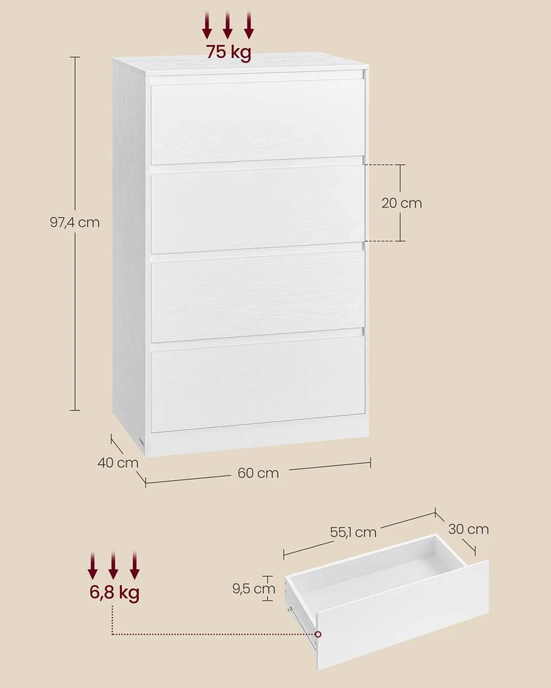 Commode de rangement moderne 40 x 60 x 97,4 cm avec 4 tiroirs style épuré chambre en aggloméré blanc neige 12_0012451