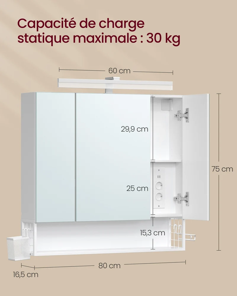 Meuble de salle de bain avec éclairage LED 16,5 x 80 x 75 cm support pour sèche-cheveux rangement moderne en panneau d'aggloméré blanc 12_0013082