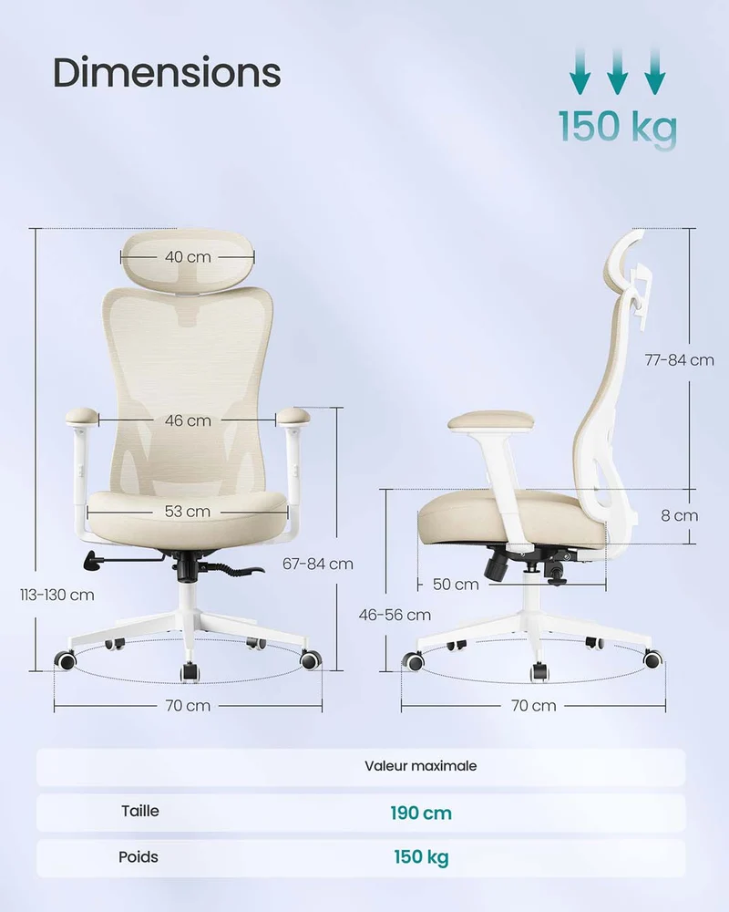 Chaise de bureau ergonomique fauteuil de bureau appui-tête et soutien lombaire réglables supporte jusqu’à 150 kg hauteur réglable noir d'encre 12_0007987