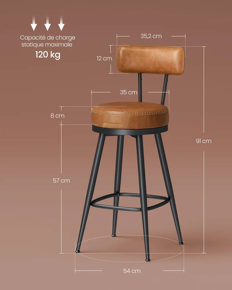 Lot de 2 tabourets de bar design moderne ergonomiques 54 x 54 x 91 cm en PU marron caramel 12_0012025