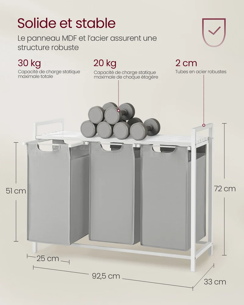 Panier à linge sale avec 3 compartiments et étagère de rangement 92,5 x 33 x 72 cm en MDF gris tourterelle 12_0010702