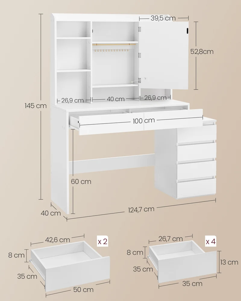 Coiffeuse moderne avec grand miroir LED réglable 40 x 124,7 x 145 cm ambiance cosy compartiments ouverts en panneau d’aggloméré blanc 12_0011558