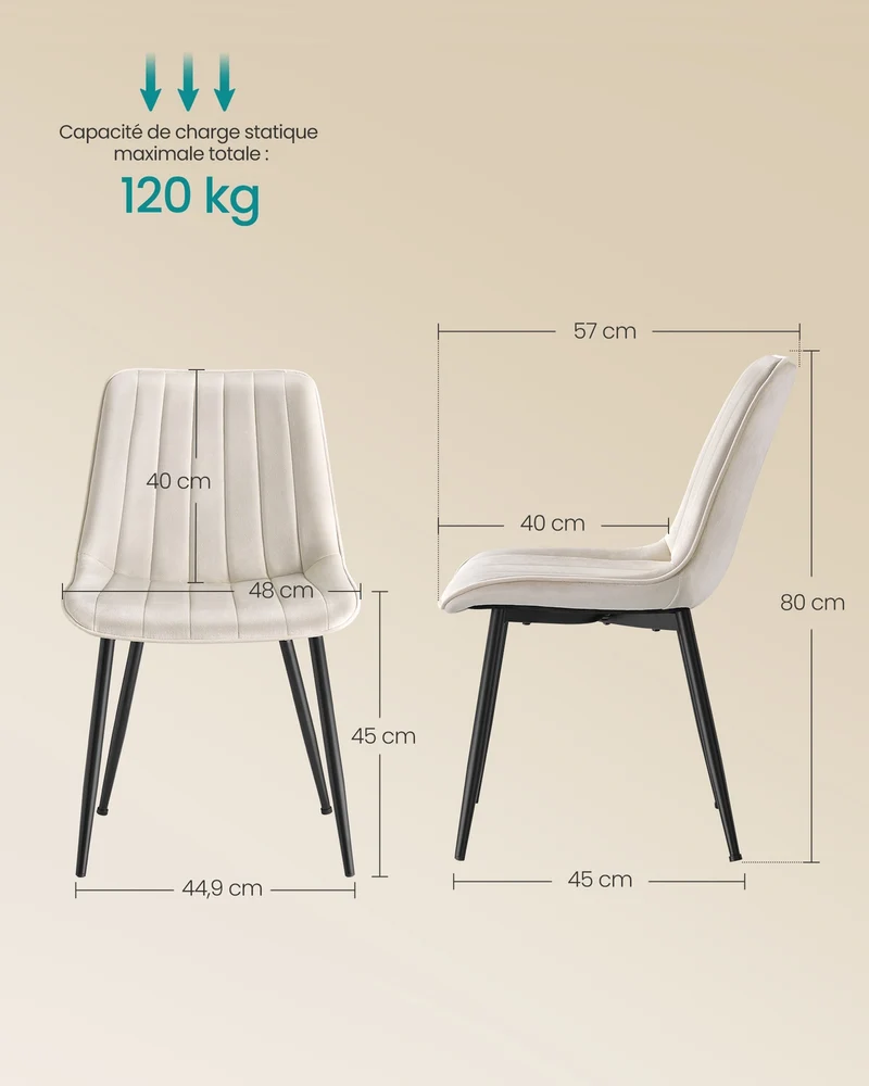 Lot de 2 chaises de salle à manger ergonomiques 57 x 48 x 80 cm confortables design moderne en polyester beige cappuccino 12_0012861