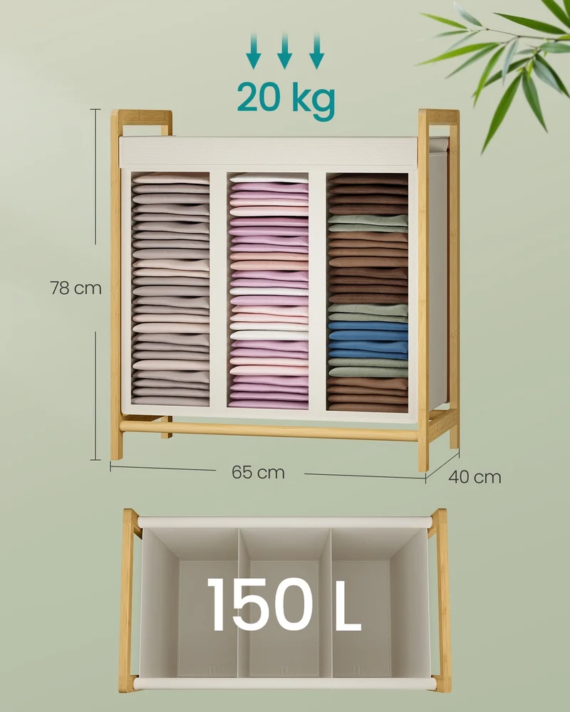 Panier à linge 2 compartiments avec couvercle amovible 65 x 40 x 78 cm en bambou blanc crème 12_0012551