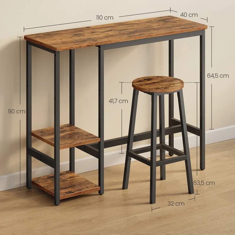 Lot de 1 table de bar avec 2 tabourets pour salle à manger 40 x 110 x 90 cm design rustique en aggloméré marron 12_0012462