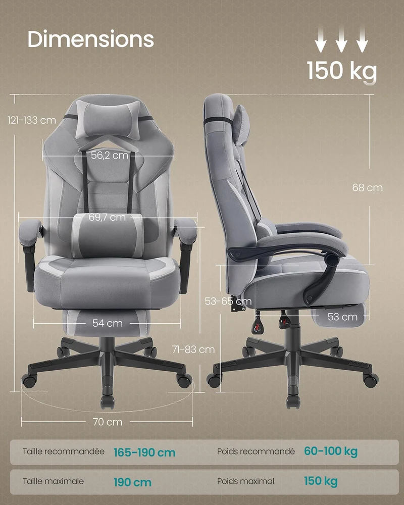 Fauteuil de bureau ergonomique réglable hauteur 70 x 70 x 128 cm confort optimal design moderne en velours gris 12_0008247