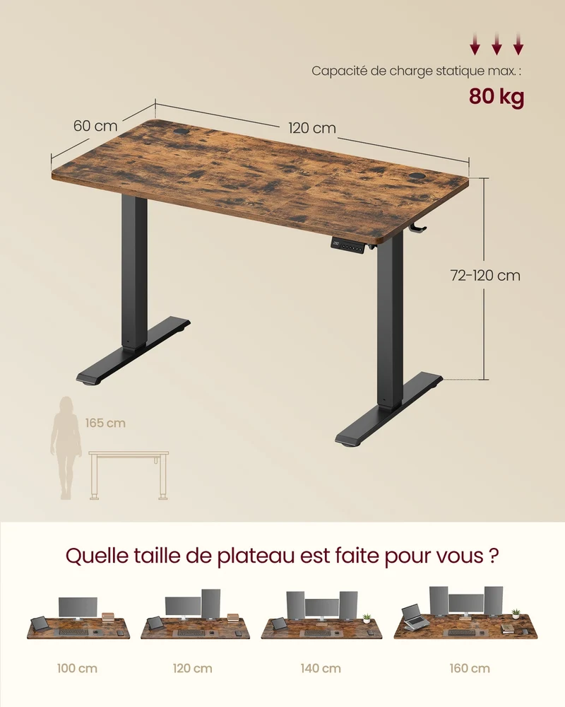 Bureau assis-debout réglable en hauteur 120 x 60 cm avec fonction mémoire ergonomique style moderne en aggloméré marron 12_0012354