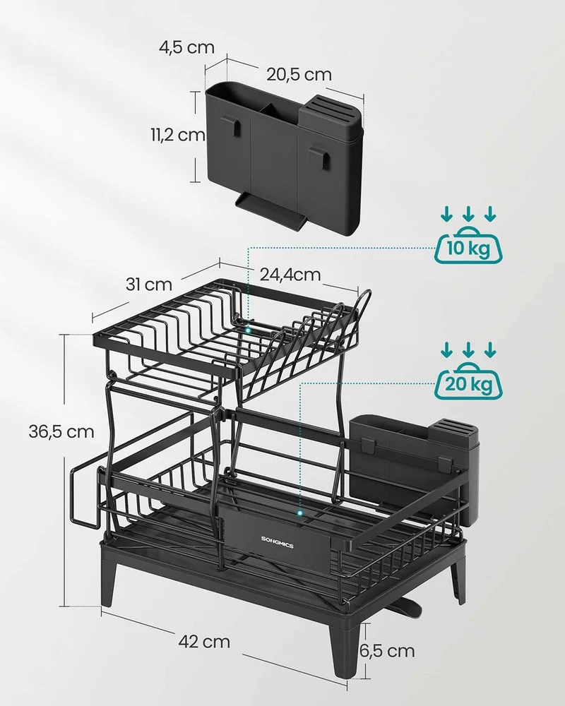 Égouttoir à vaisselle extensible avec bac d'égouttement et porte-couverts 31 x 42 x 36,5 cm en acier noir 12_0012141