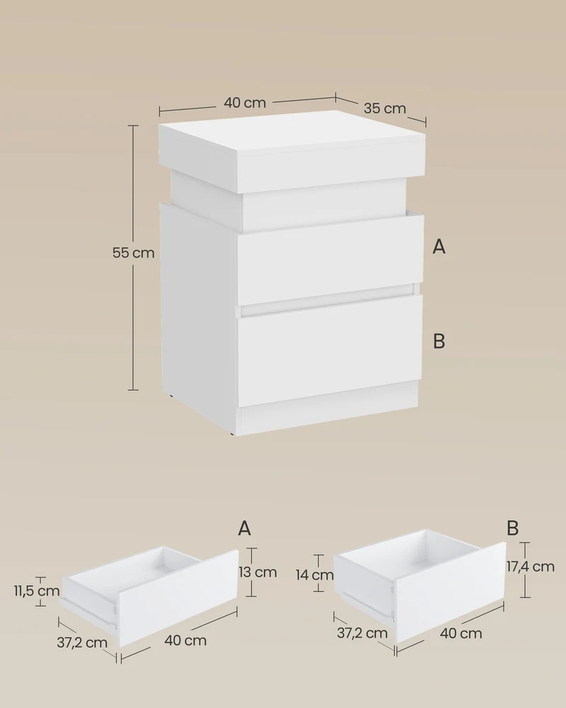 Table de chevet moderne avec multiprise 35 x 40 x 55 cm petite table d'appoint rangement pratique en panneau MDF blanc neige 12_0012357