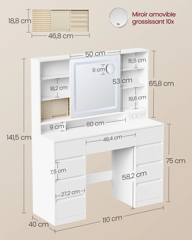 Coiffeuse design moderne avec miroir et 9 tiroirs 40 x 110 x 141,5 cm rangement bijoux pratique en aggloméré blanc 12_0012146