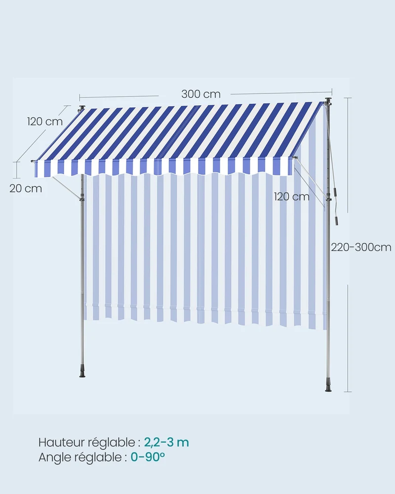 Store banne rétractable manuel réglable hauteur 300 x 120 cm pour balcon jardin terrasse ambiance cosy en polyester bleu 12_0011341