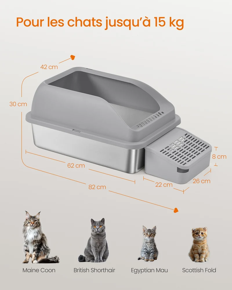 Bac à litière pour chat design moderne ouvert 62 x 42 x 30 cm facile à nettoyer en acier inoxydable gris ardoise 12_0012812