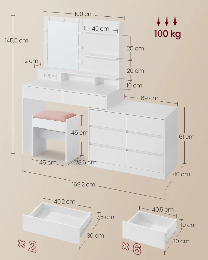 Coiffeuse modulable avec miroir et 8 tiroirs 40 x 169,2 x 145,5 cm en panneau d'aggloméré blanc 12_0012589
