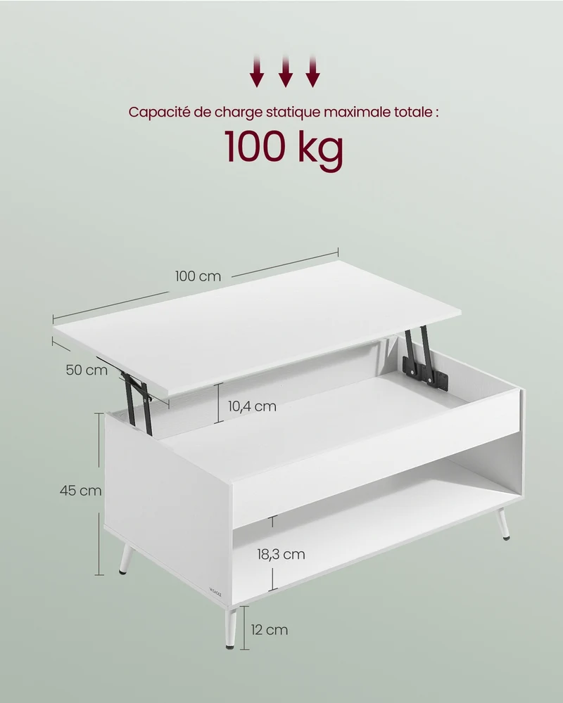 Table basse relevable avec compartiment de rangement 50 x 100 x 45/58,5 cm style moderne pour salon bureau en aggloméré blanc neige 12_0012327